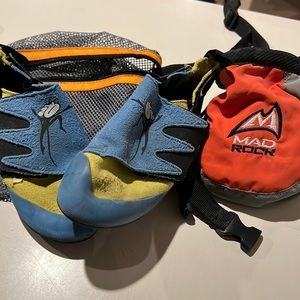 Rock climbing shoes size 2, chalk bag, and carrying bag